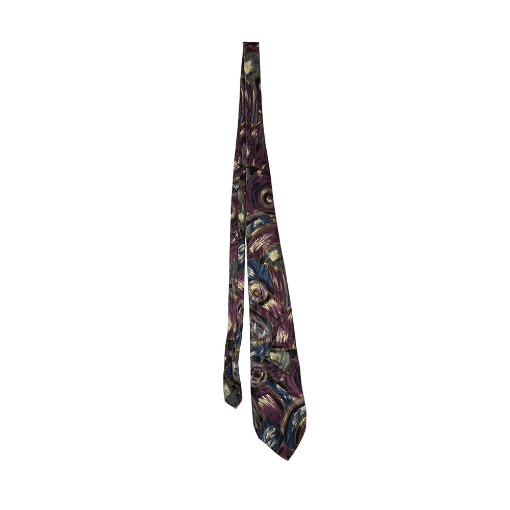 Tattersall Mens Silk Necktie Abstract Geometric Brushstroke Purple Navy Gold - Picture 2 of 7